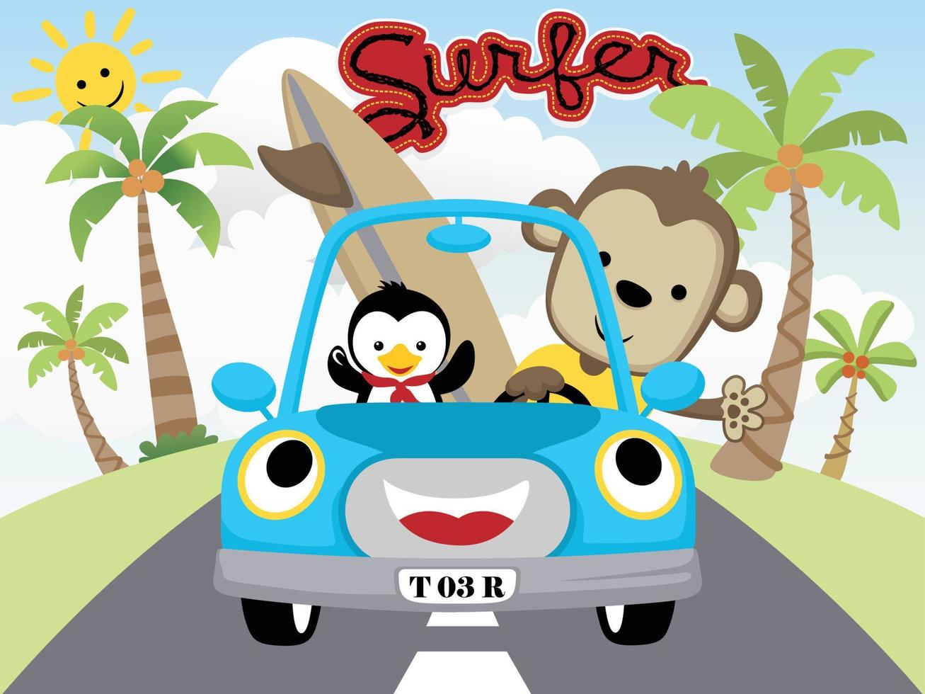 Vector illustration of monkey with penguin on funny car carrying surfboard