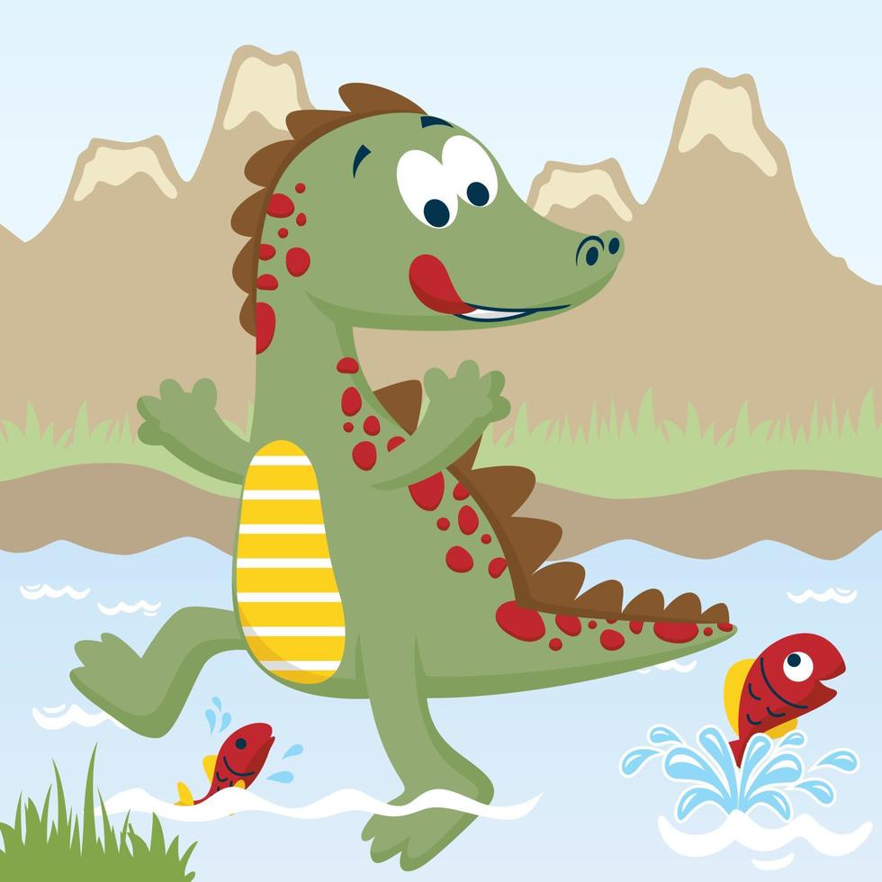 vector cartoon of funny dinosaur trying to catch fish on volcanoes background