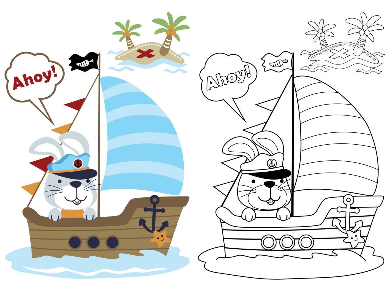 conejito divertido con gorra de marinero en velero, libro para colorear o página vector