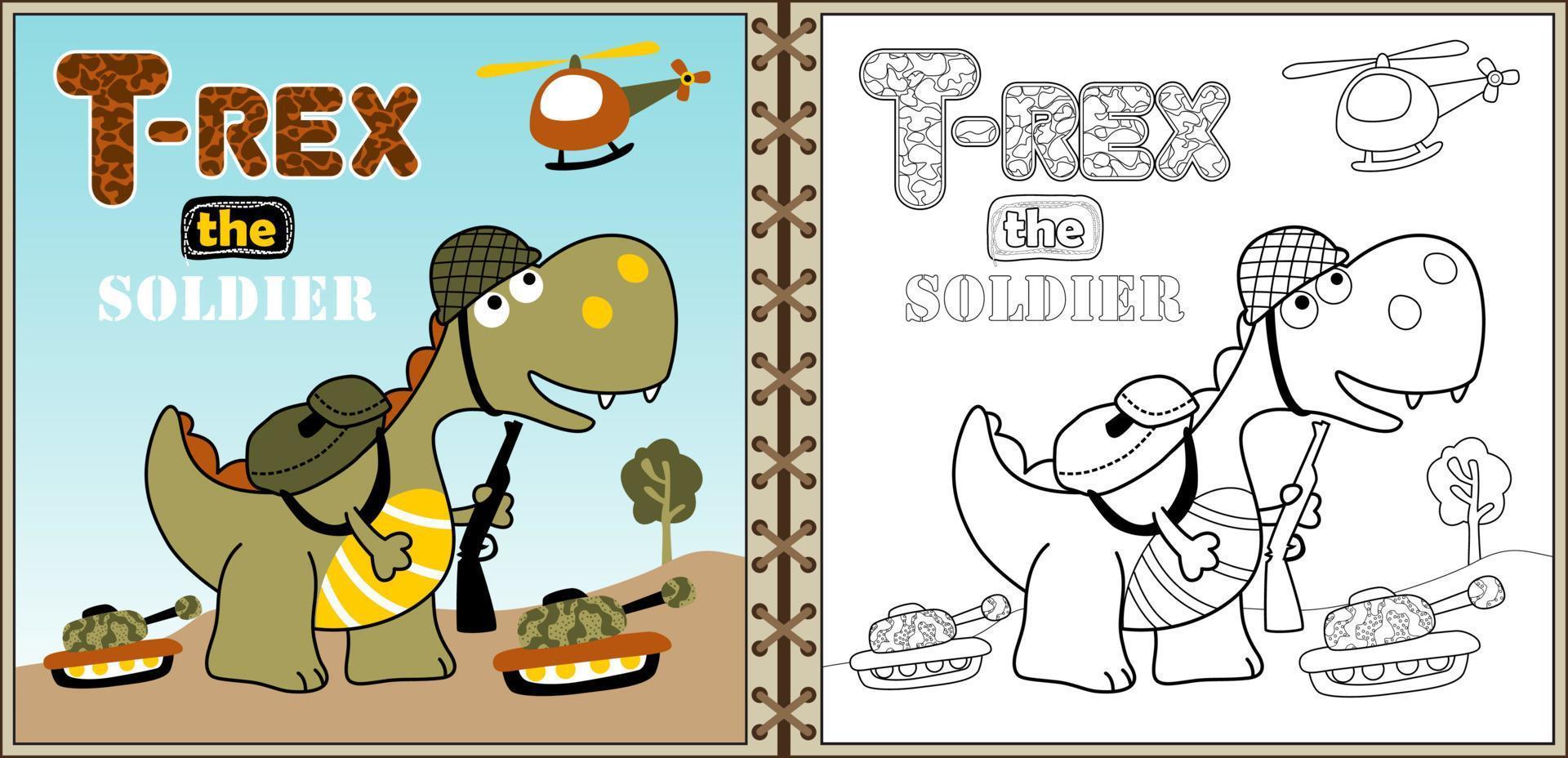 Dino army cartoon vector with soldier equipment, military elements cartoon, coloring book or page