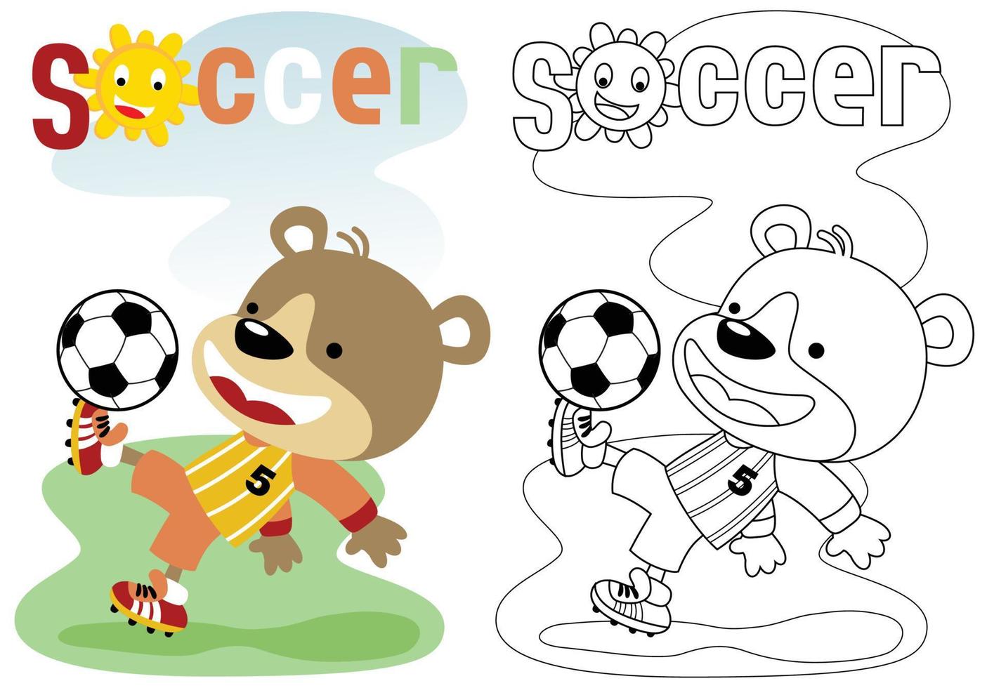 Vector illustration of cute bear cartoon playing soccer, coloring book or page