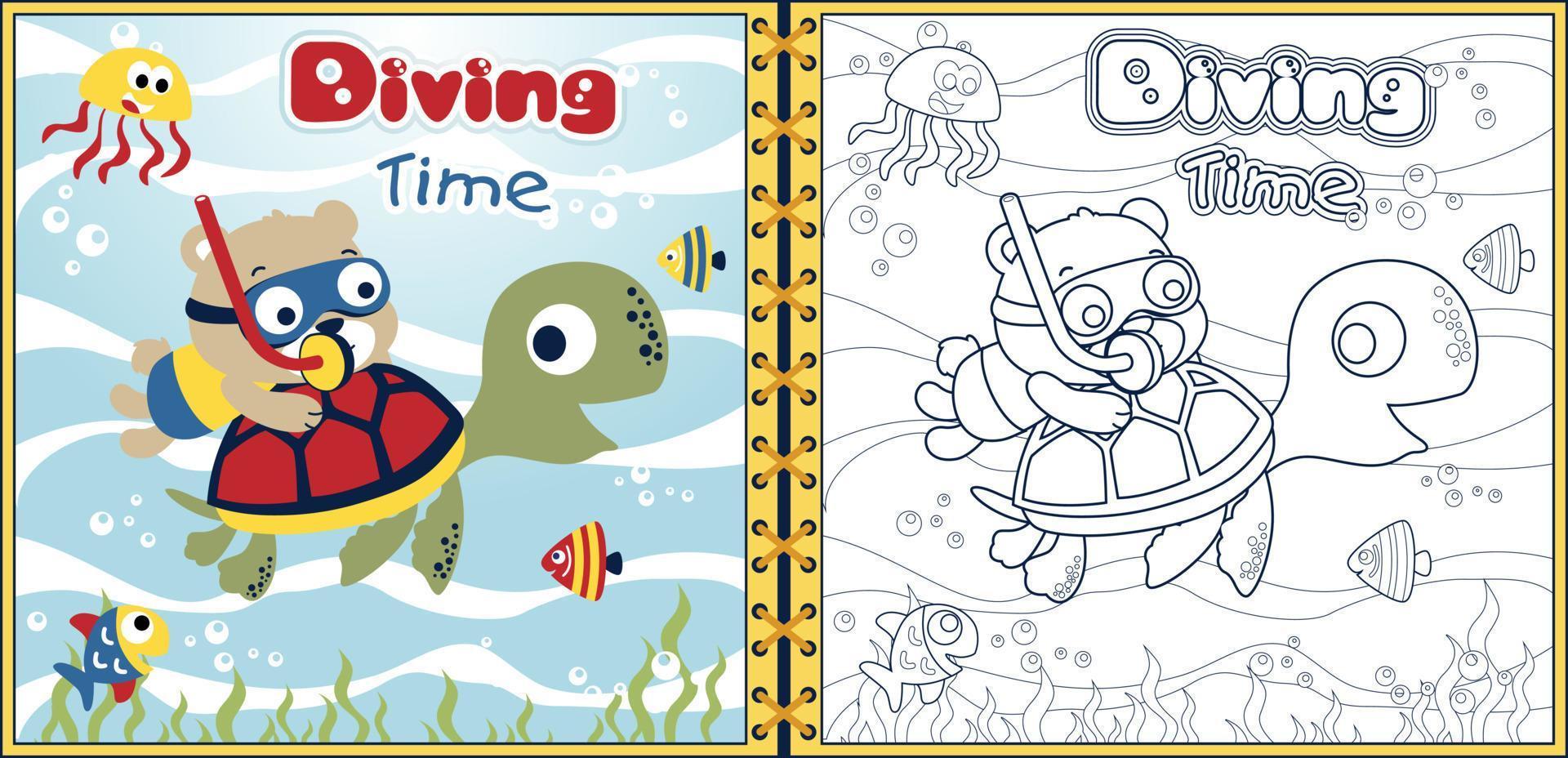 Vector cartoon of funny bear diving with marine animals. Coloring book or page