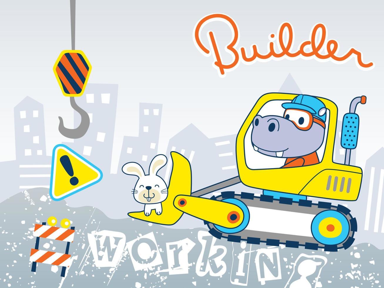 Funny cartoon of hippo and rabbit on bulldozer, construction elements illustration vector