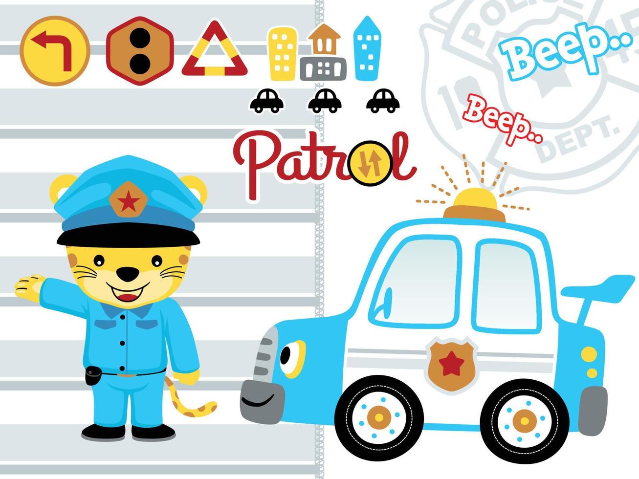 Vector illustration of leopard in police uniform with patrol car, traffic elements cartoon