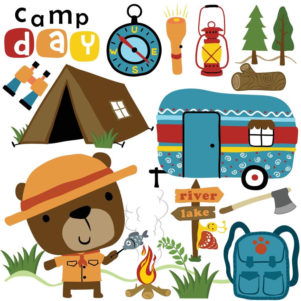 Vector cartoon of camping elements illustration with cute bear in scout costume