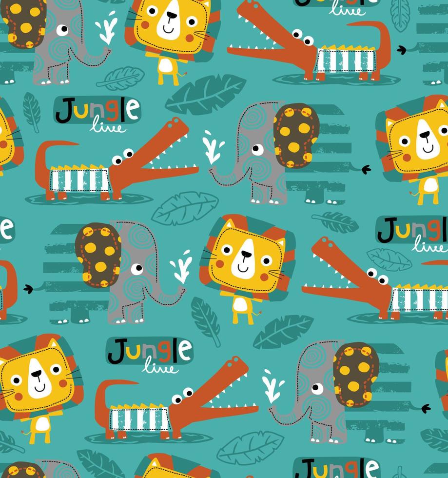 Seamless pattern vector of animals cartoon character with ornament, jungle elements cartoon