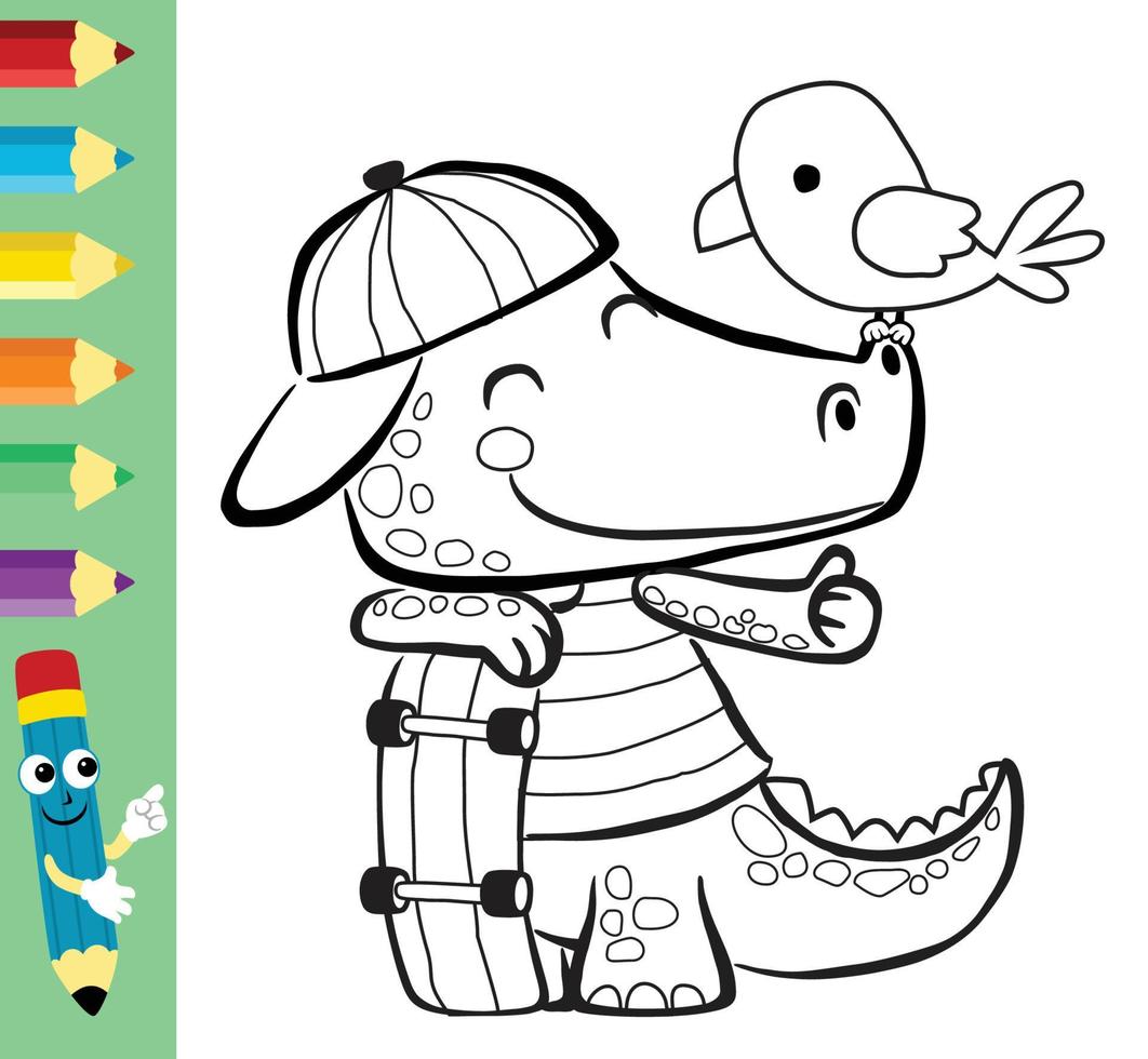 Coloring book or page, cartoon vector of crocodile the funny skateboarder with little bird