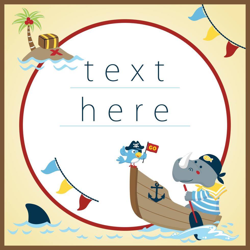 plantillas de tarjetas de invitación, caricatura vectorial de rinoceronte y loro disfrazado de pirata en barco, ilustración de elementos piratas vector