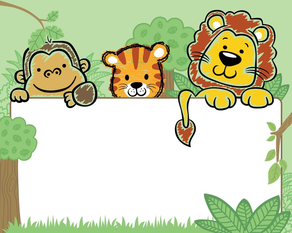 borde de marco de dibujos animados de animales dibujados a mano en el bosque para plantilla de tarjeta de invitación de fiesta de niños vector