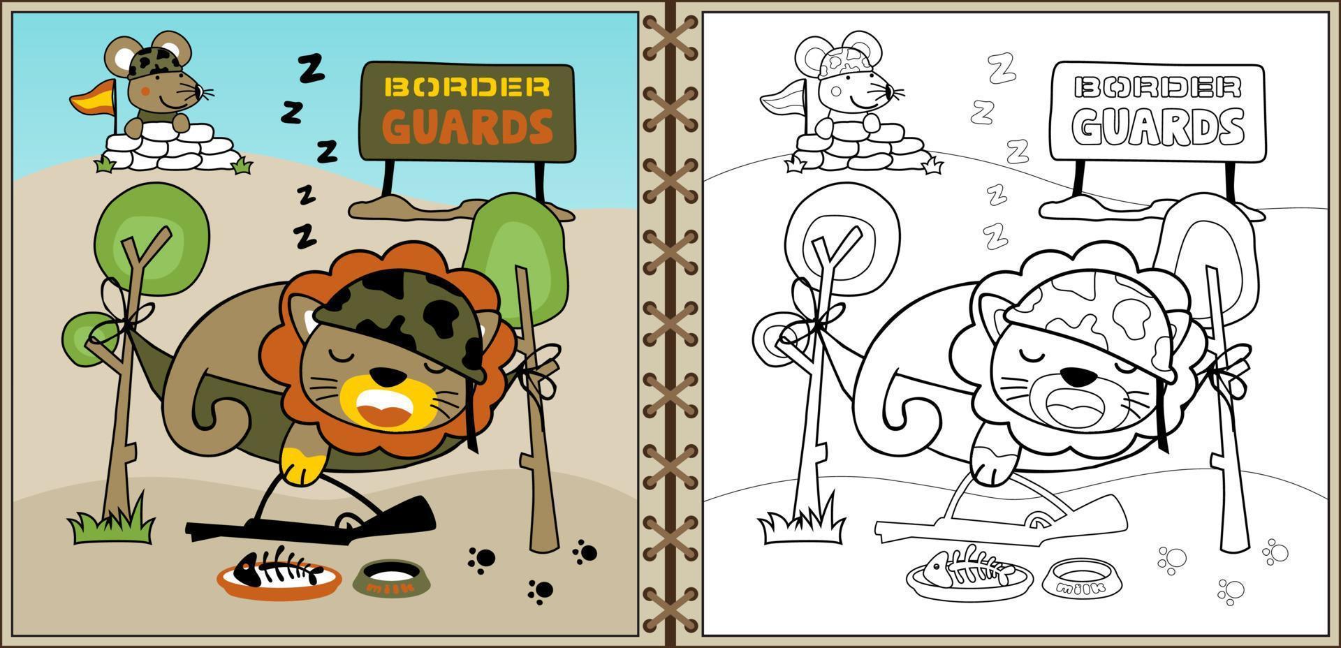 funny animals soldiers cartoon vector in military equipment, military elements, coloring book or page