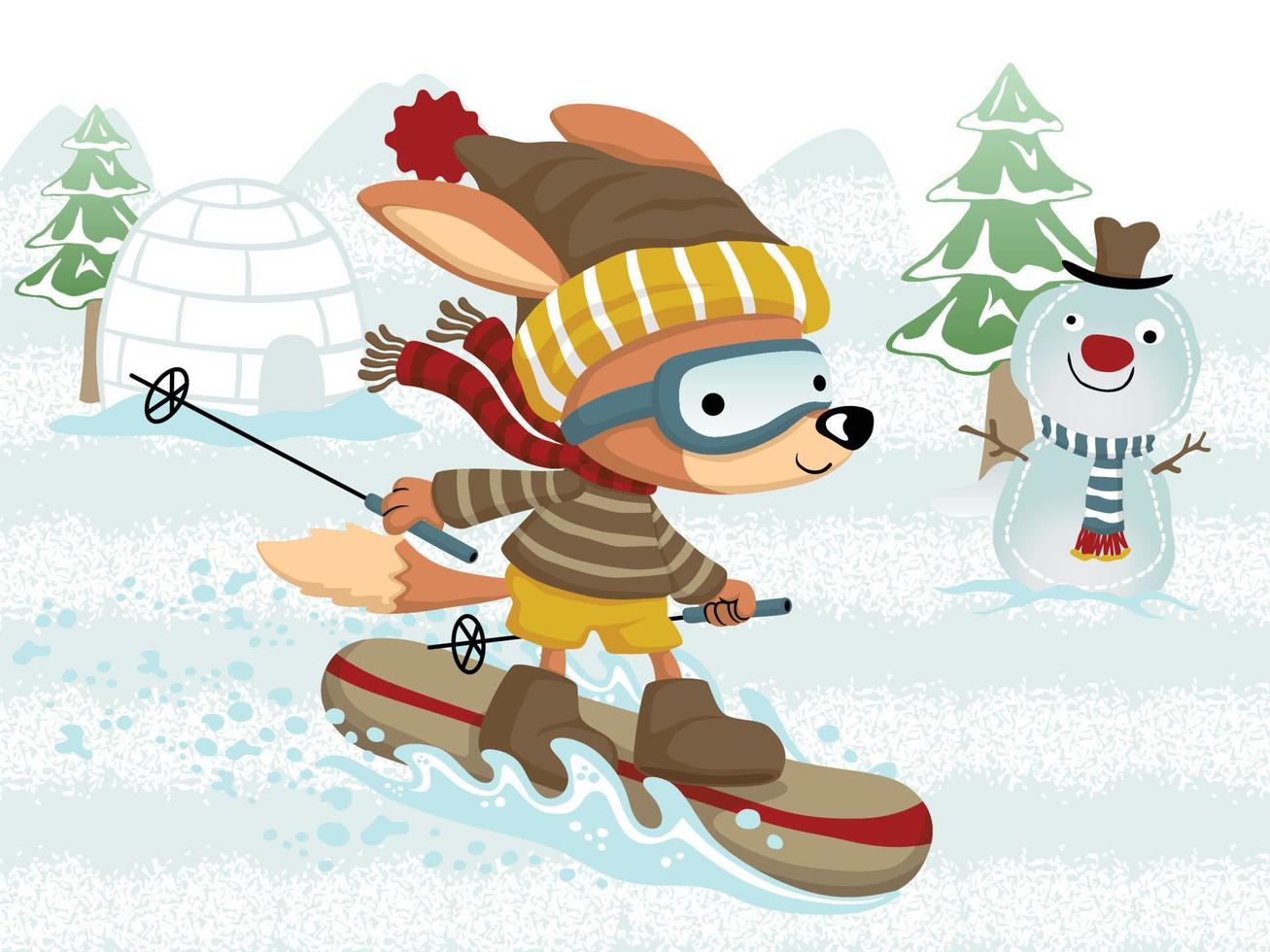 ilustración vectorial de divertidos dibujos animados de zorro esquiando, dibujos animados de elementos de invierno vector