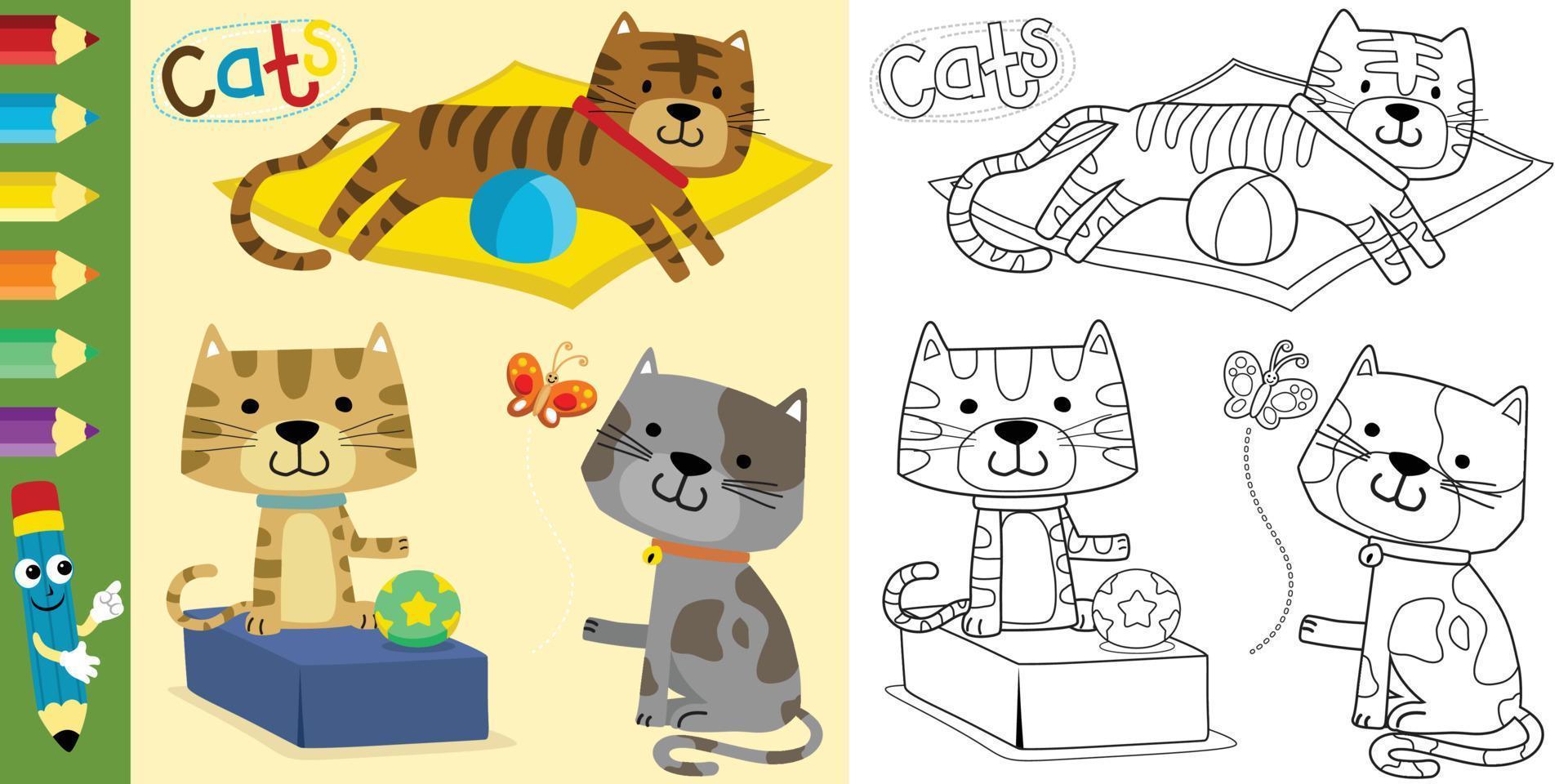 coloring book or page of funny cats cartoon, pet elements cartoon vector