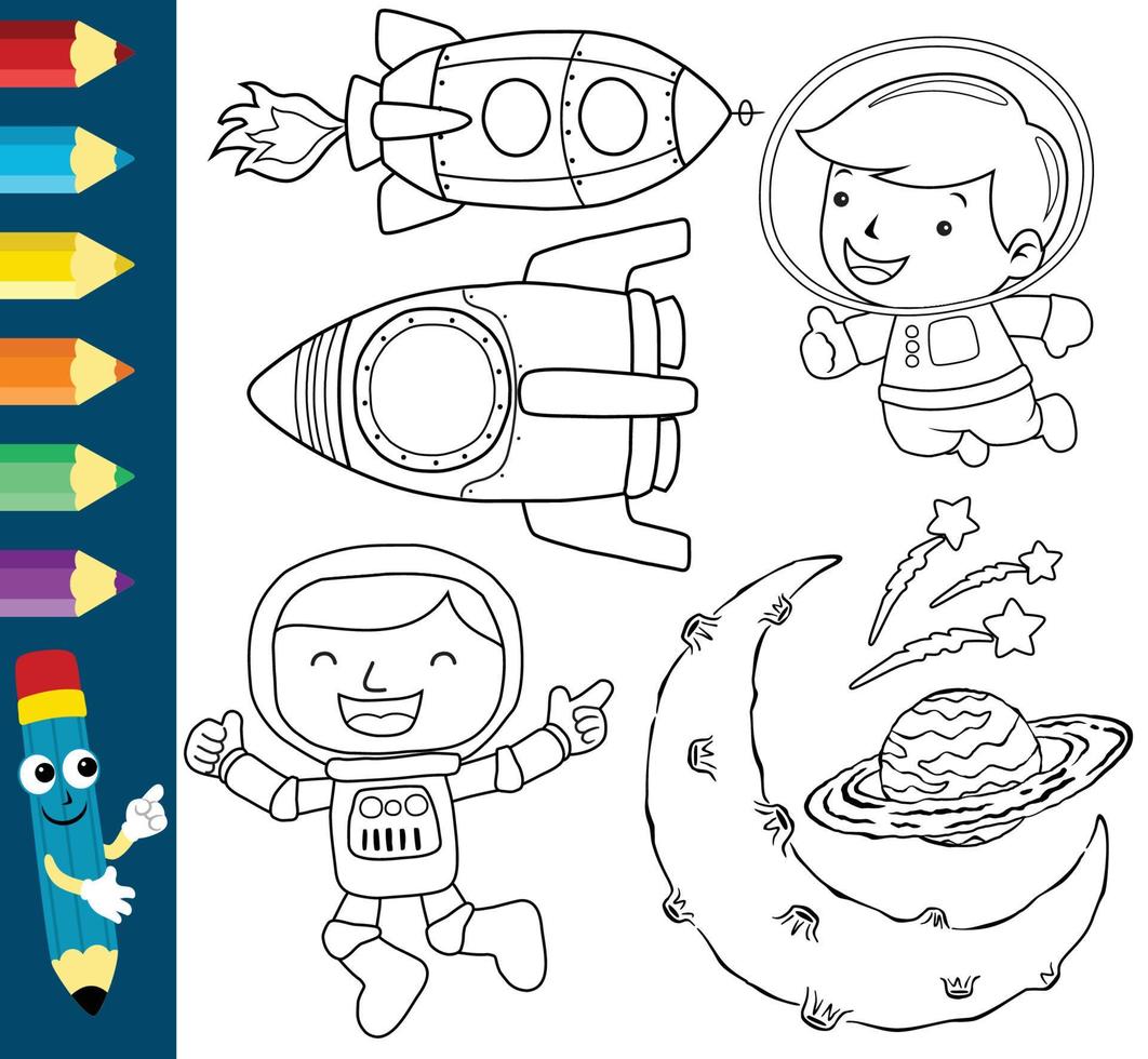 Vector illustration of space elements, funny astronaut with spacecraft and planets, coloring book or page