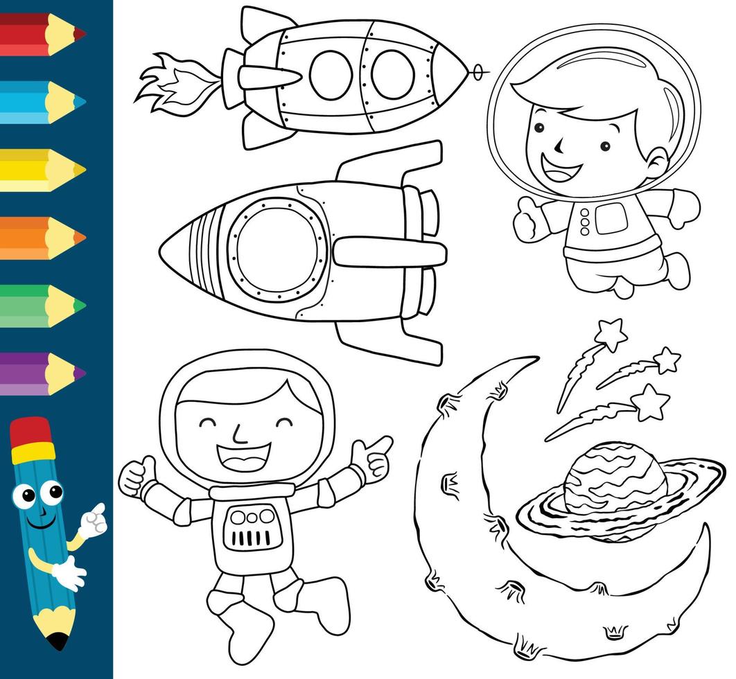 ilustración vectorial de elementos espaciales, astronauta divertido con naves espaciales y planetas, libro de color o página vector