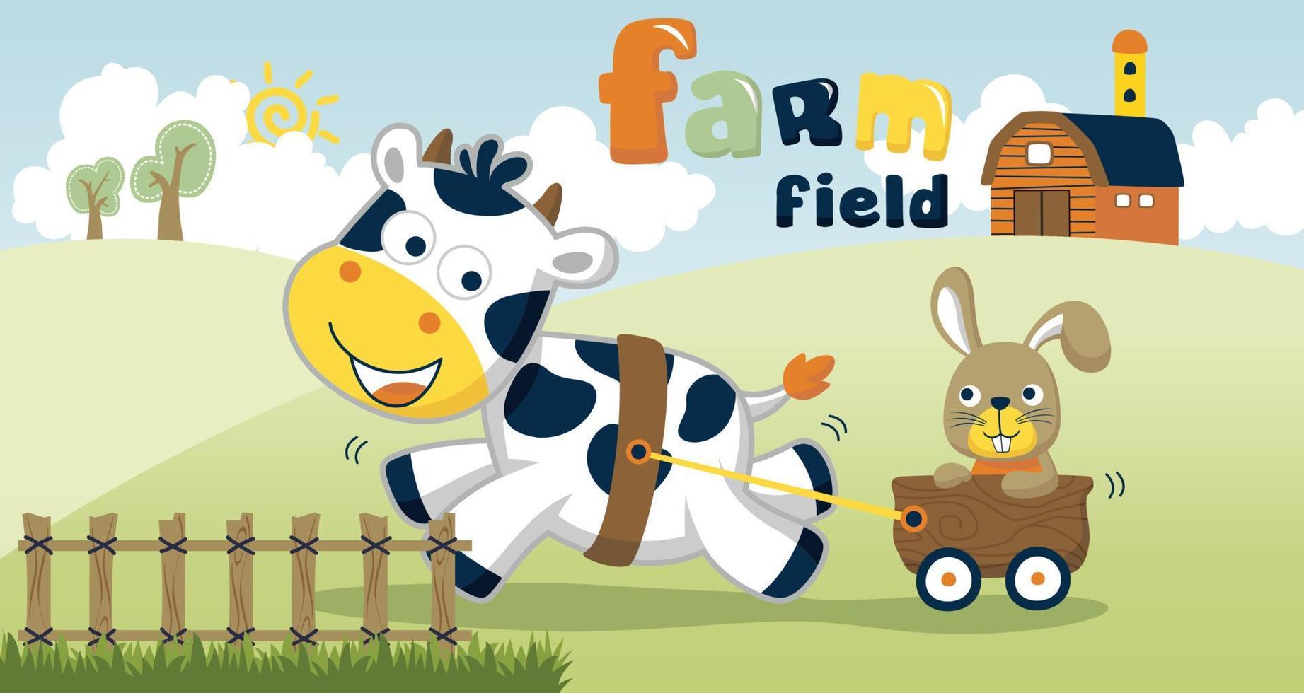 Cartoon vector of farm animals in farm field, farm elements illustration, cow pulling bunny with cart