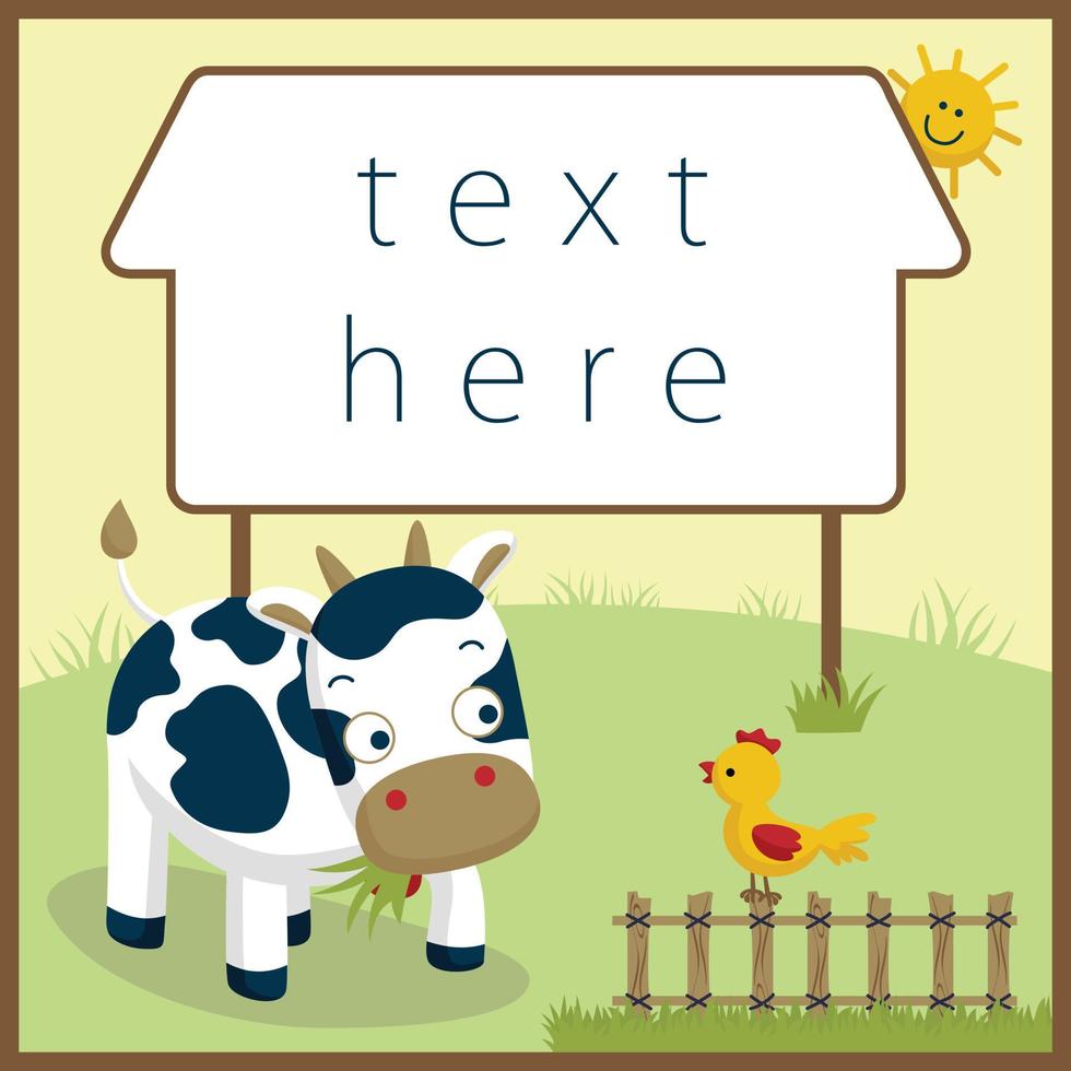 Funny farm animals cartoon vector. Cow eat grass, chicken on fence.  Invitation card templates 15645518 Vector Art at Vecteezy