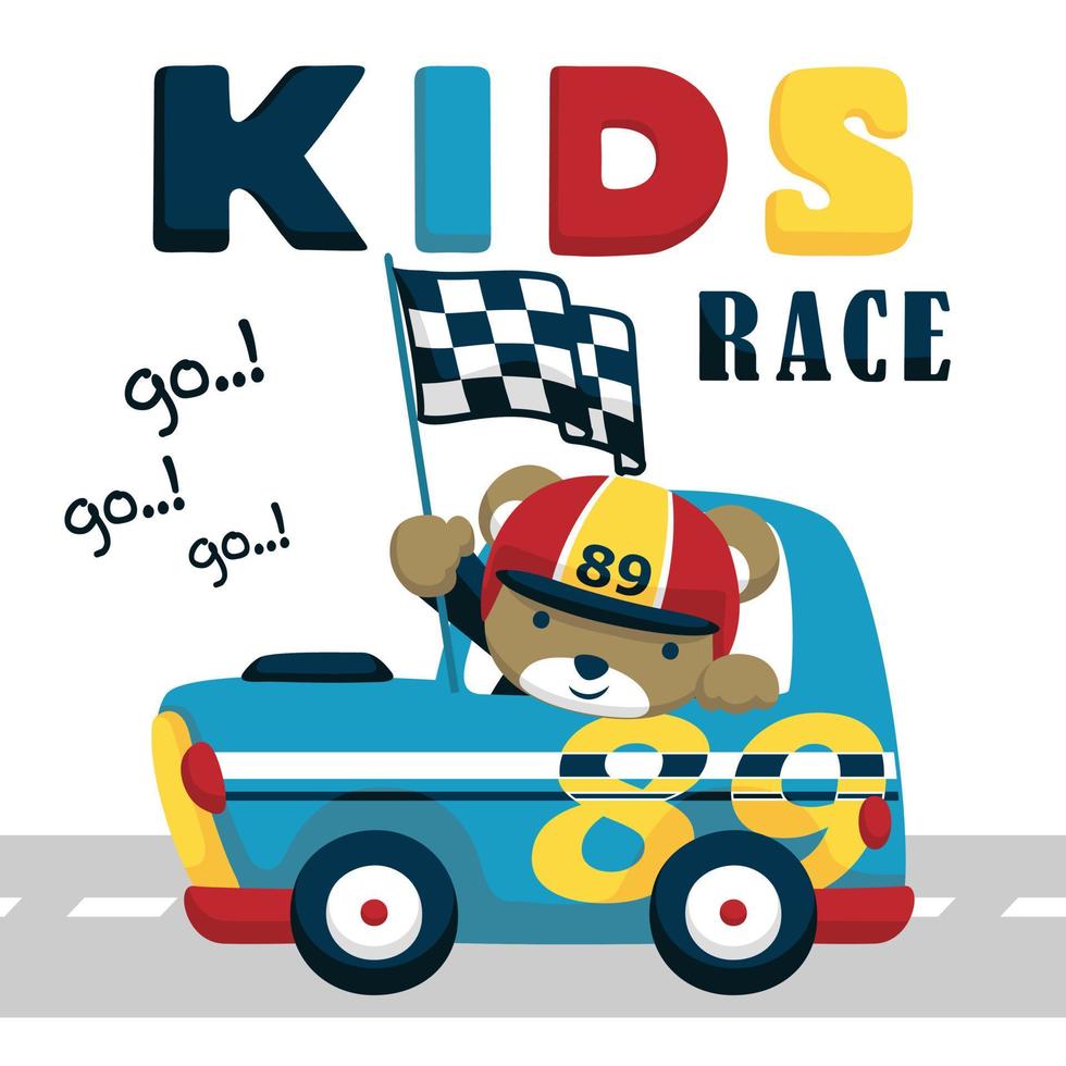 Vector illustration of cartoon bear holding finish flag on racing car