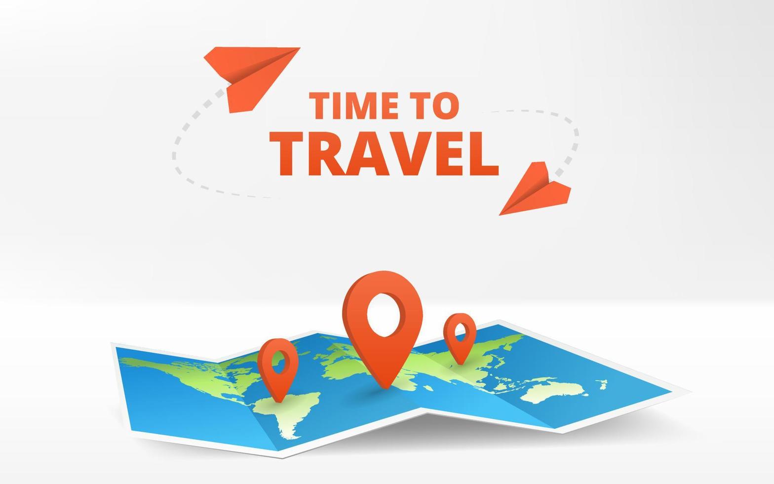 Geography map. Time to travel. Foldable world map with place mark pined. Fold paper leaflet. Touristic equipment with dots pointer of position. Sheet of paper. Navigation gps concept of traveling. vector