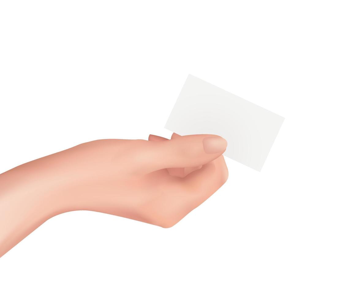 Business card in hand. Businessman holding white blank template of financial banking debit card people nfs paying card sample, vector realistic illustration of female hand. Woman wrist with manicure.