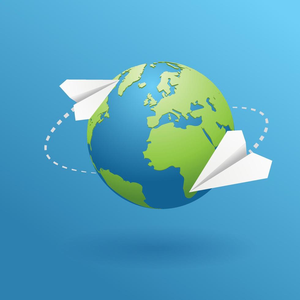 Geography globe. Realistic 3d Earth planet. World map traveling illustration. Mail letter tracking app. Paper plane fly. Delivery gps concept of traveling, logistic. Online international sales. vector