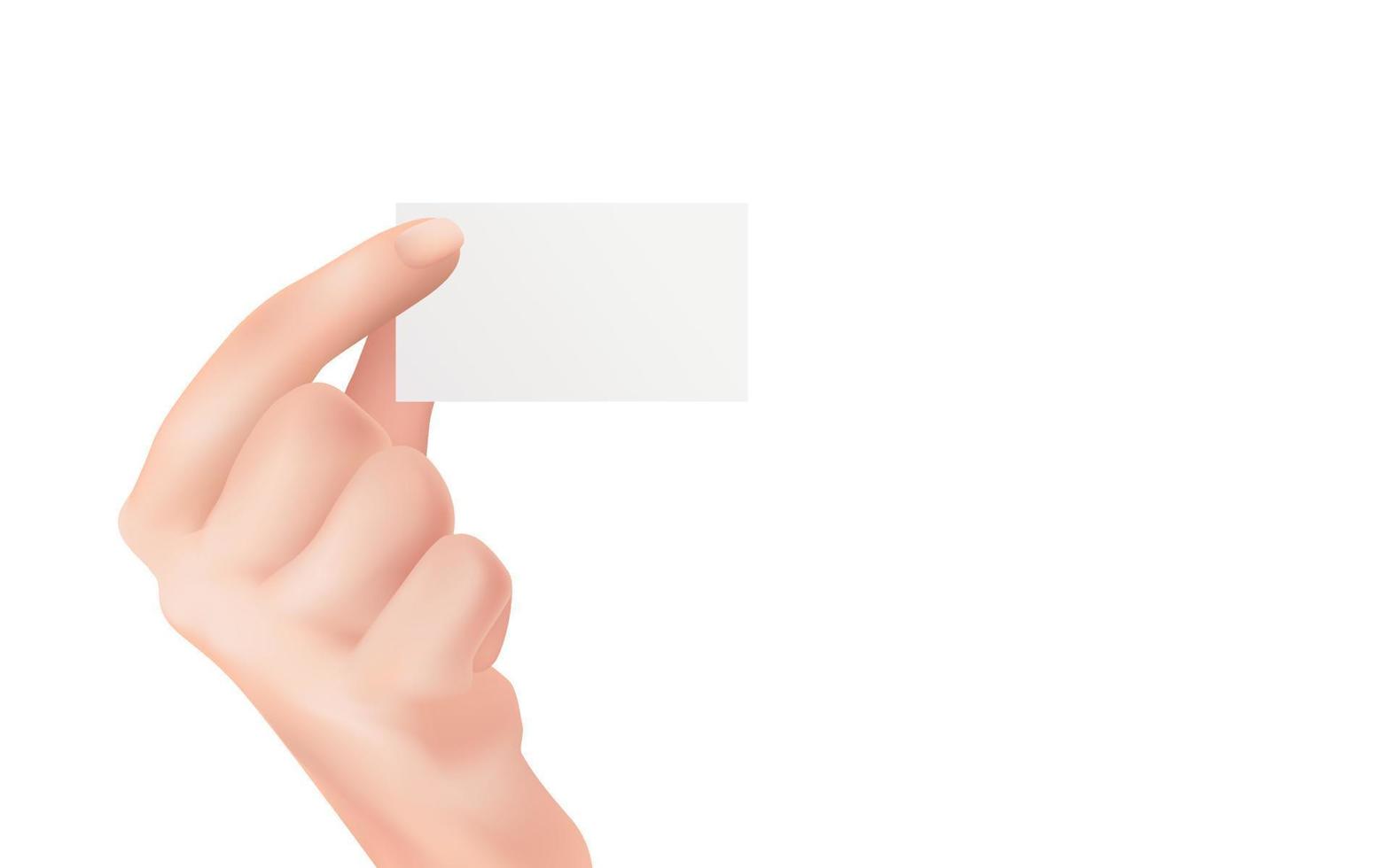 Business card in hand. Businessman holding white blank template of financial banking debit card people nfs paying card sample, vector realistic illustration of female hand. Woman wrist with manicure.