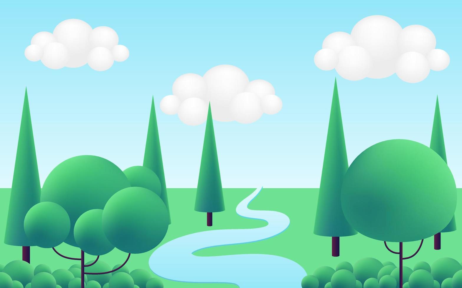 Fondo de paisaje de verano de panorama de dibujos animados verde realista 3d  con colinas verdes,