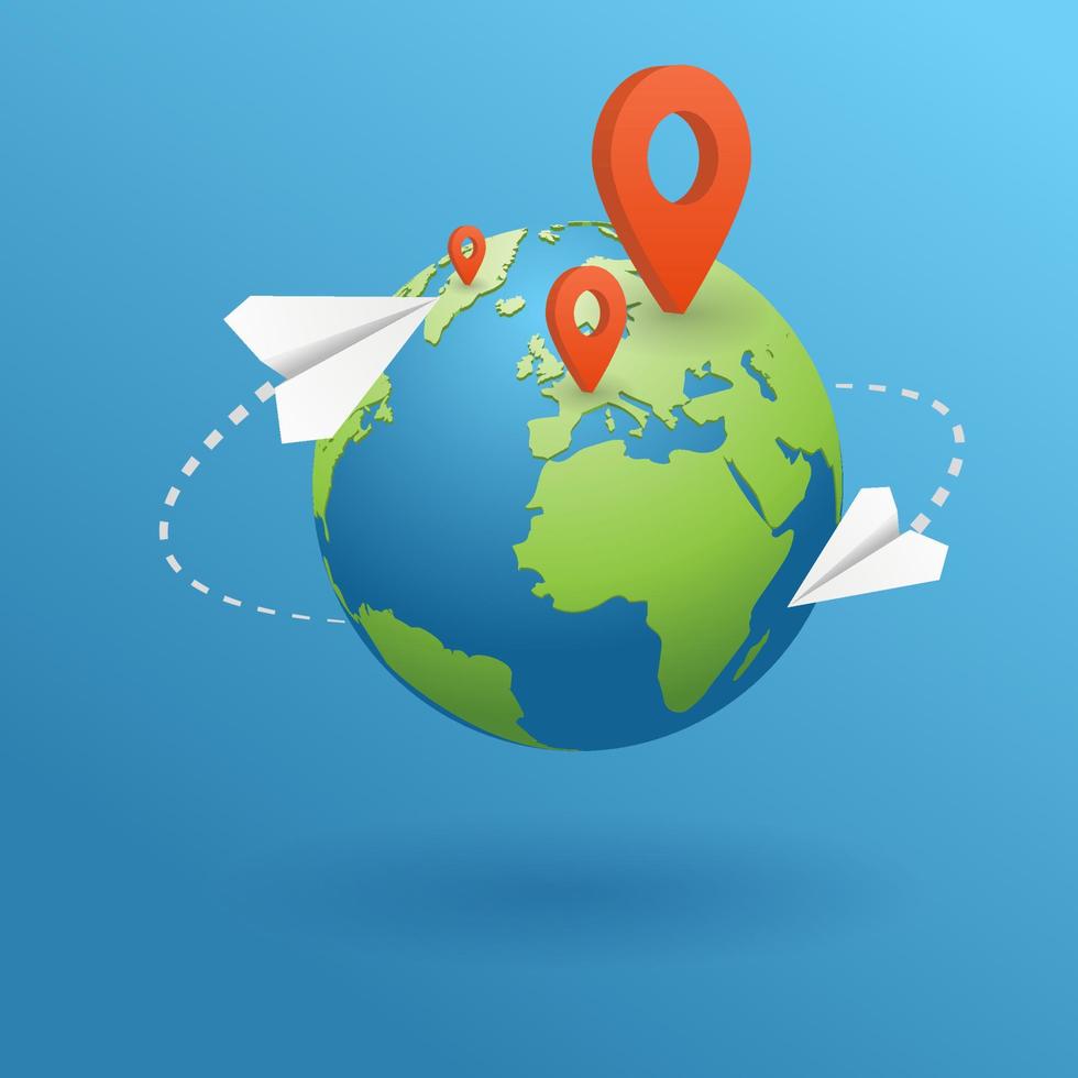 Geography globe. Realistic 3d Earth planet with place mark pined. world map with dots pointer of position. Mail letter tracking app. Paper plane. Delivery gps concept of traveling, logistic. vector
