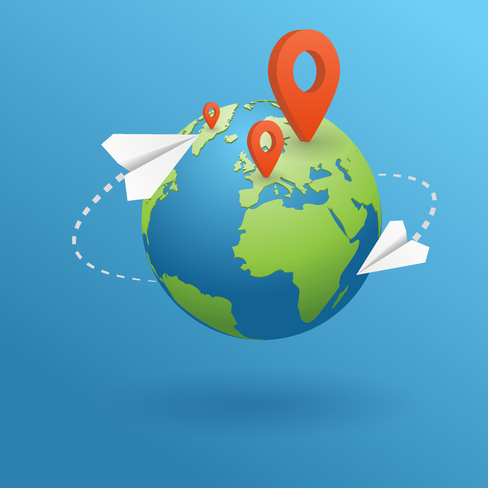 Geography globe. Realistic 3d Earth planet with place mark pined. world map  with dots pointer of position. Mail letter tracking app. Paper plane.  Delivery gps concept of traveling, logistic. 15645659 Vector Art