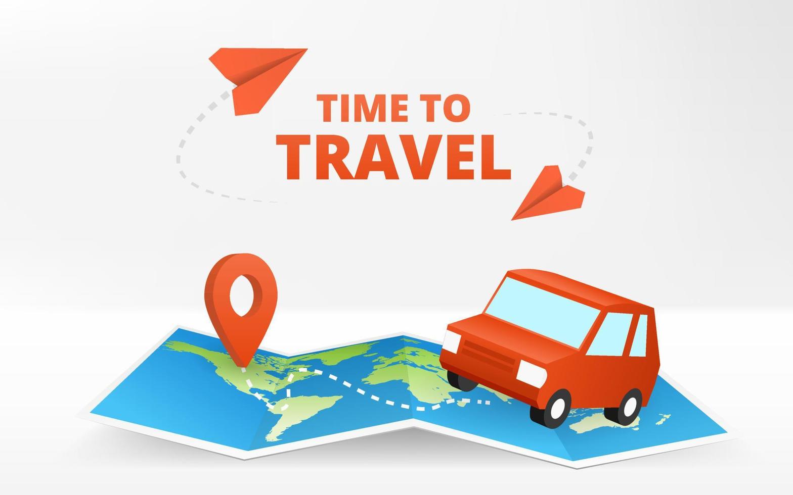 Geography map. Time to travel. Fold paper world map with place mark pined. Touristic equipment with dots pointer of position. Carsharing tracking app. Red car. Navigation gps concept of traveling. vector