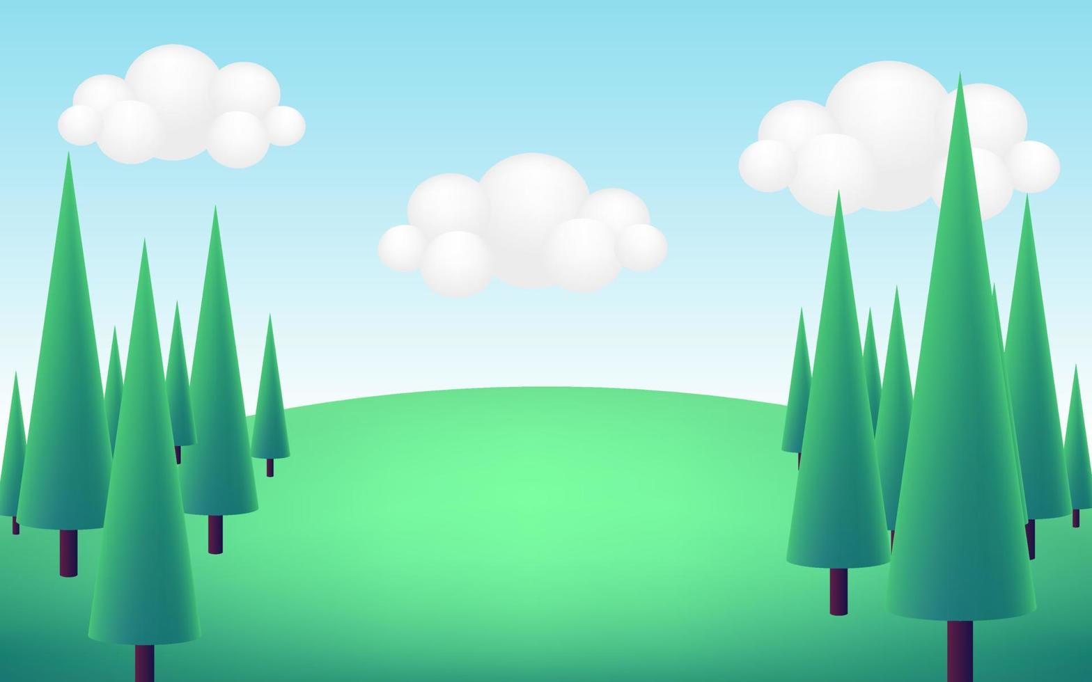 3d realistic green cartoon panorama summer landscape background with green hills, cone pines trees, clouds, on blue sky. Children nature environment horizon composition. Vector illustration.