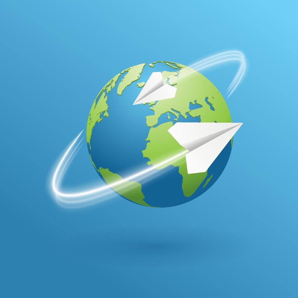 globo de geografía. planeta tierra 3d realista. ilustración de viaje del mapa mundial. Aplicación de seguimiento de cartas por correo. avión de papel vuela. entrega gps concepto de viaje, logística. Ventas internacionales en línea. vector