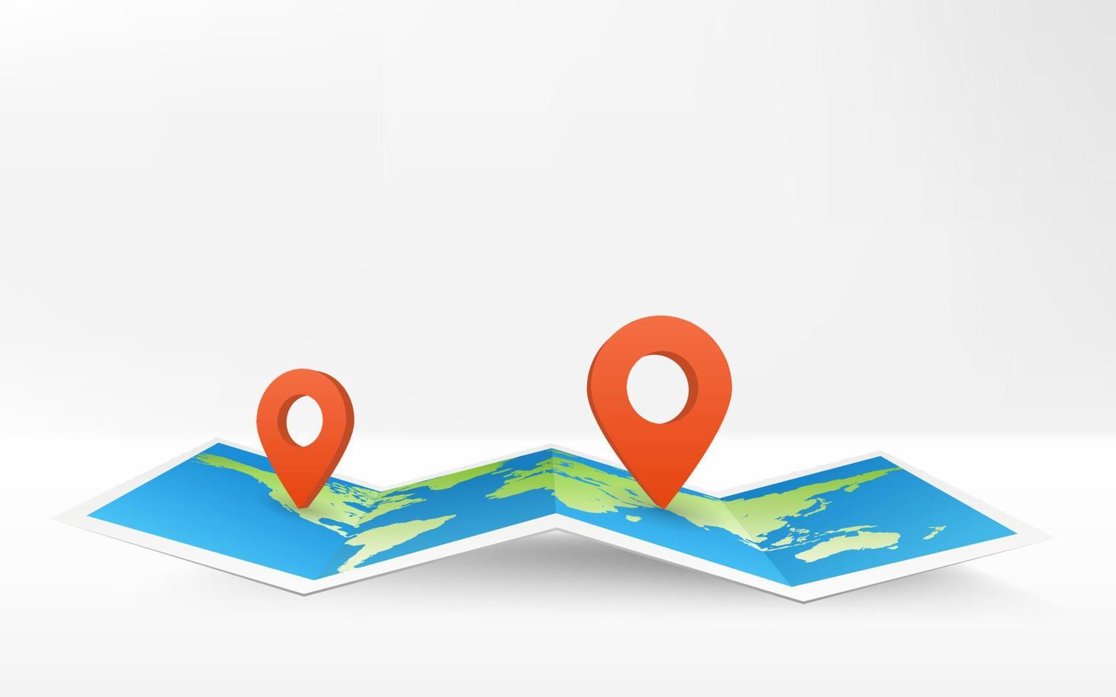 Geography map. Foldable world map with place mark pined. Fold paper leaflet of topography map. Touristic equipment with dots pointer of position. Sheet of paper. Navigation gps concept of delivery. vector