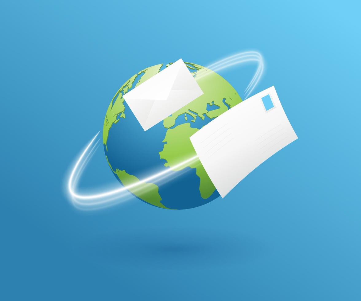 Geography globe. Realistic 3d Earth planet. World map traveling illustration. Mail letter tracking app. Paper mail fly. Delivery gps concept of logistic. Online international mailing correspondence. vector