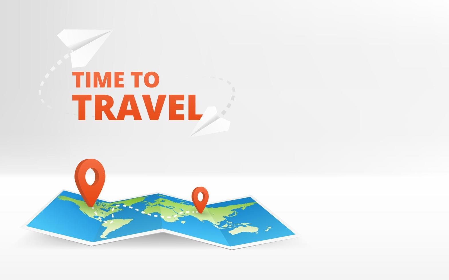 Geography map. Time to travel. Fold paper leaflet world map with place mark pined. Touristic equipment with dots pointer of position. Plane of paper. Navigation gps concept of traveling. vector