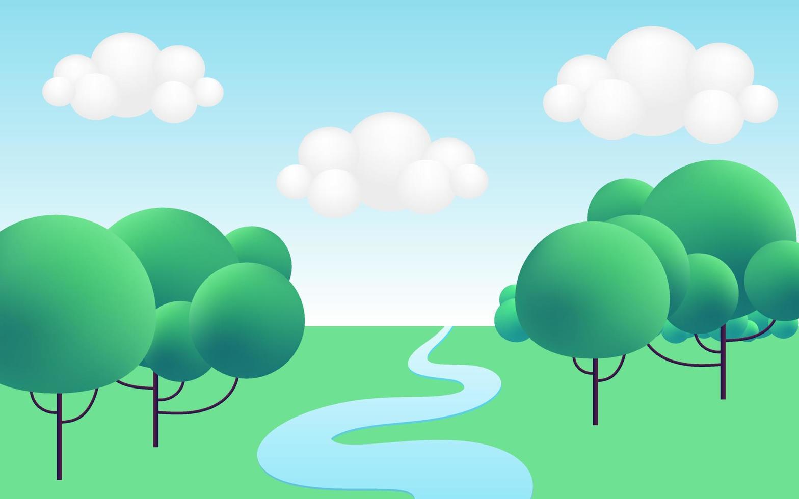 3d realistic green cartoon panorama summer landscape background with green hills, river, trees, clouds, on blue sky. Nature environment horizon composition. Vector illustration.