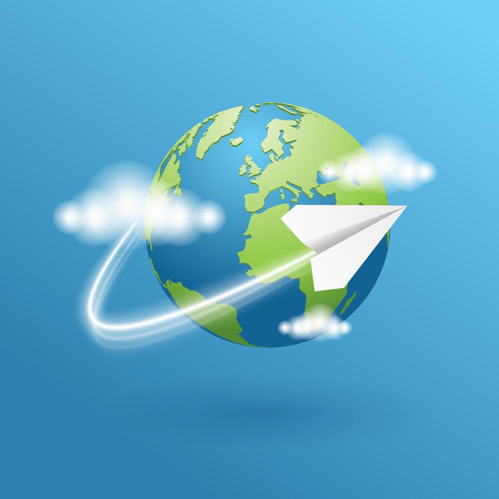 Geography globe with clouds. Realistic 3d Earth planet. World map traveling illustration. Paper plane fly. Delivery gps concept of traveling, logistic. Online international chat. vector