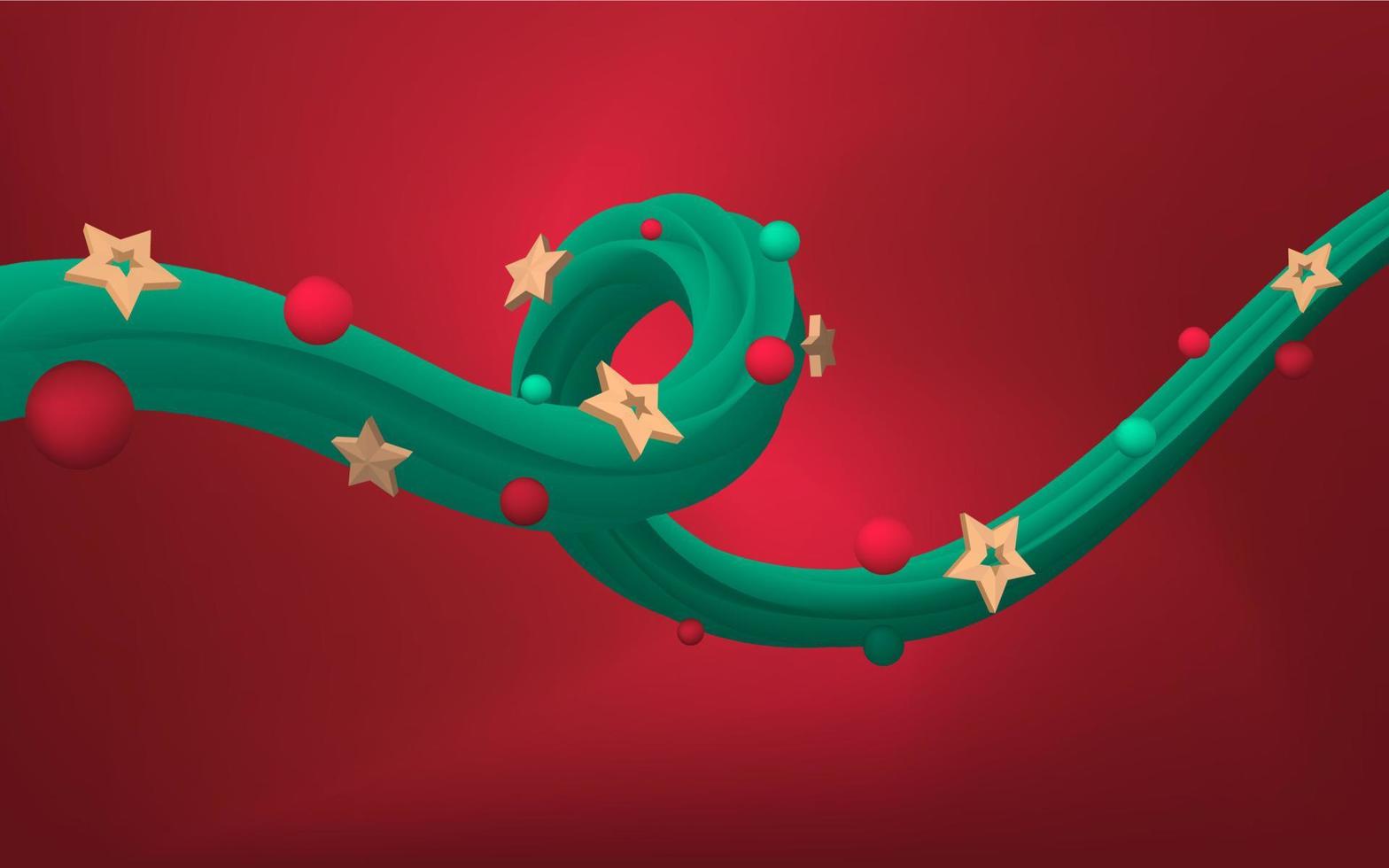 Liquid flow line, 3D Christmas vector geometric background for banner, card, or wallpaper. Gradient mesh in the shape of a liquid wave. Fluid colorful 3d tube. Christmas tree branch, toys, stars.