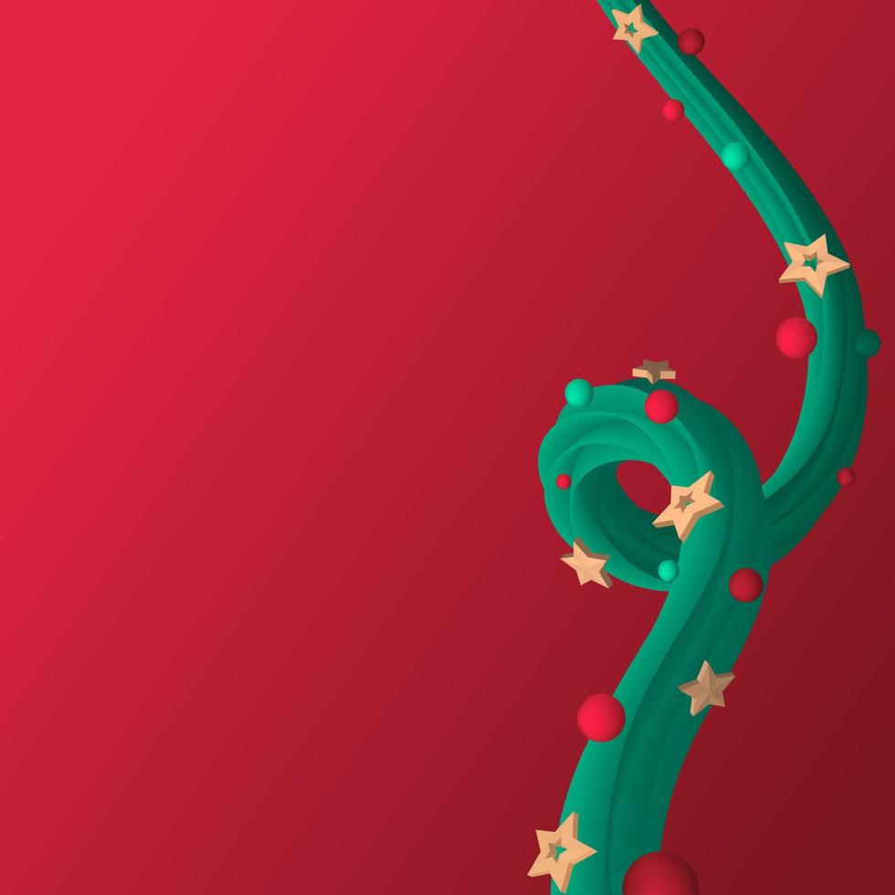 Liquid flow line, 3D Christmas vector geometric background for banner, card, or wallpaper. Gradient mesh in the shape of a liquid wave. Fluid colorful 3d tube. Christmas tree branch, toys, stars.