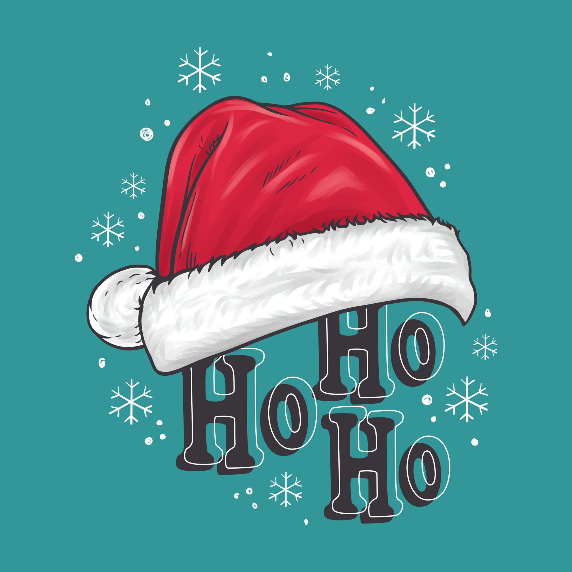 Ho Ho Ho text with Santa hat. Christmas greeting card, invitation. With