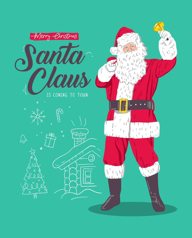 Christmas card. Cartoon Santa Claus with red bag with presents. Text - Santa Claus is coming to town. Red Santa hat. For Christmas and New Year posters, gift tags and labels vector