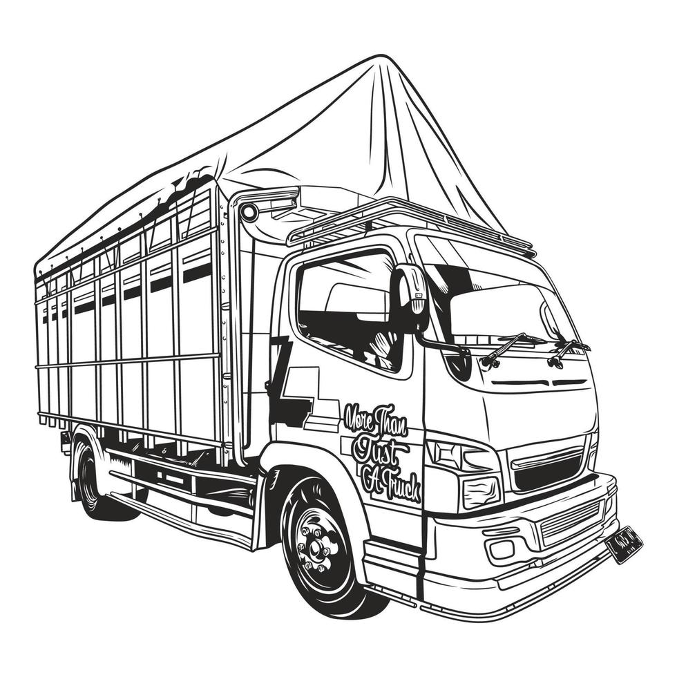 Classic delivery truck on the road vector line art illustration