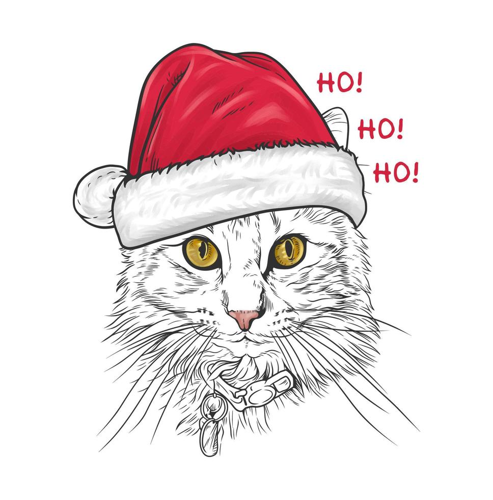 linda cabeza de gato con sombrero de santa. ilustración de vector de estilo dibujado a mano