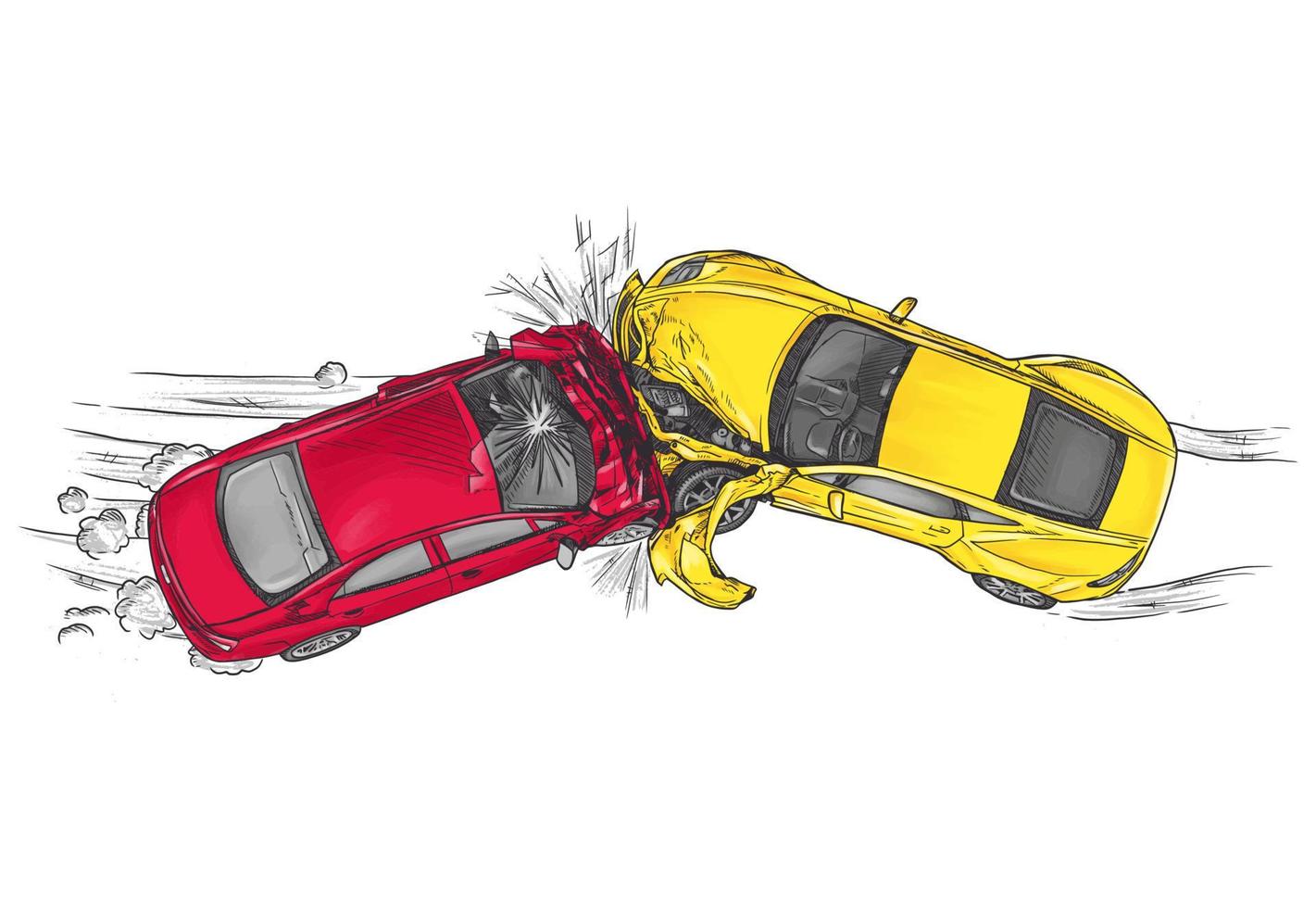 dos autos chocan, chocando contra la ilustración vectorial de estilo dibujado a mano del otro. pancarta de accidente automovilístico. vector