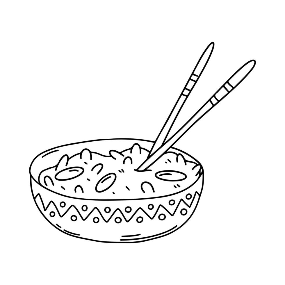 arroz frito con salsa de frijoles en estilo garabato dibujado a mano. Ilustración de vector de plato chino.