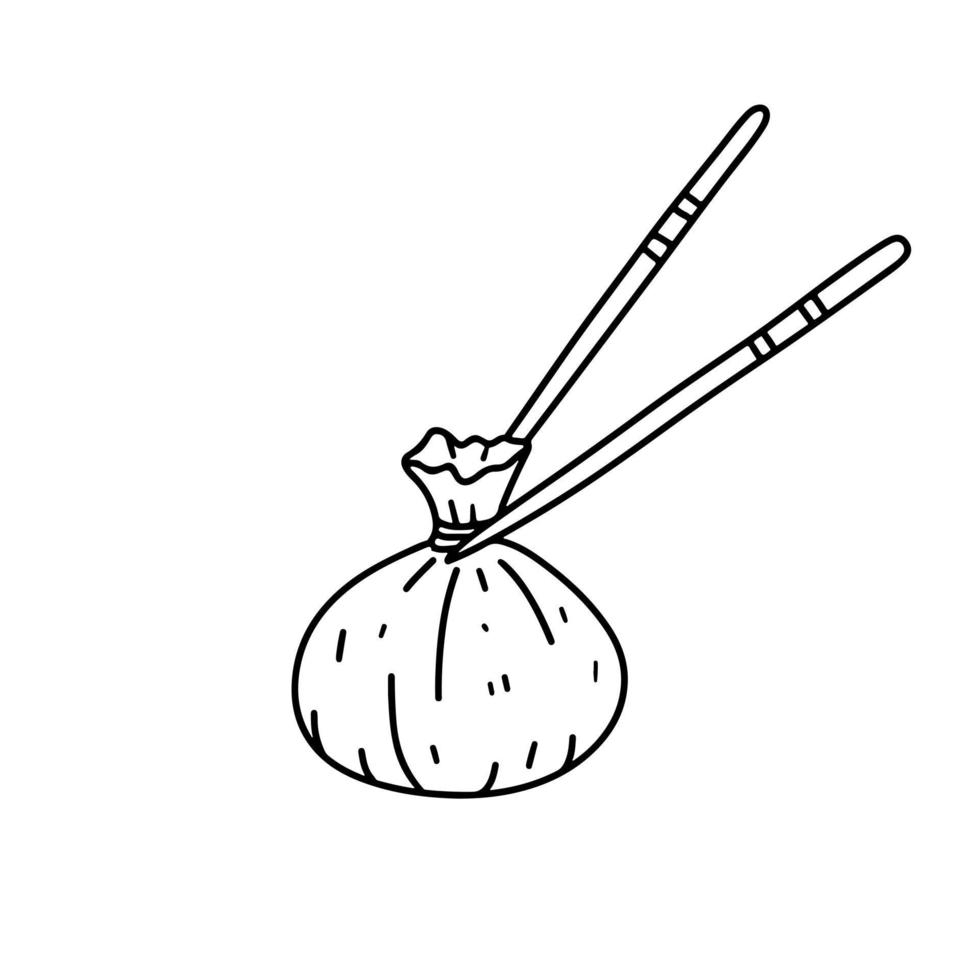 Chopsticks holding Dim sum in hand drawn doodle style. Traditional Chinese dumplings. Asian food vector. vector