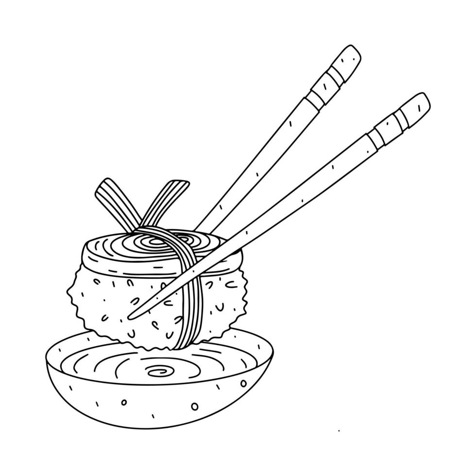 sushi con tortilla y palillos en estilo garabato dibujado a mano. ilustración vectorial aislada en un fondo blanco. comida asiática. vector