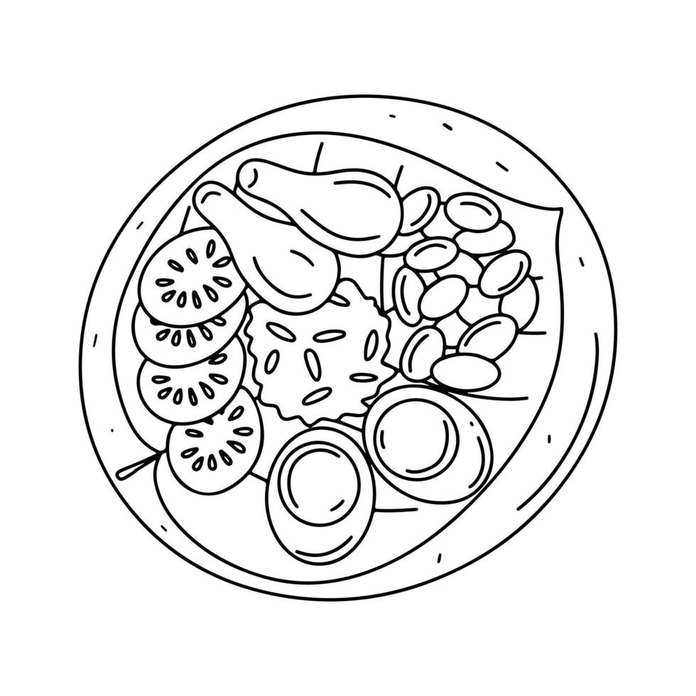 PrinAsian traditional meal with rice, chicken, boiled eggs and beans. Vector illustration in hand drawn doodle style.