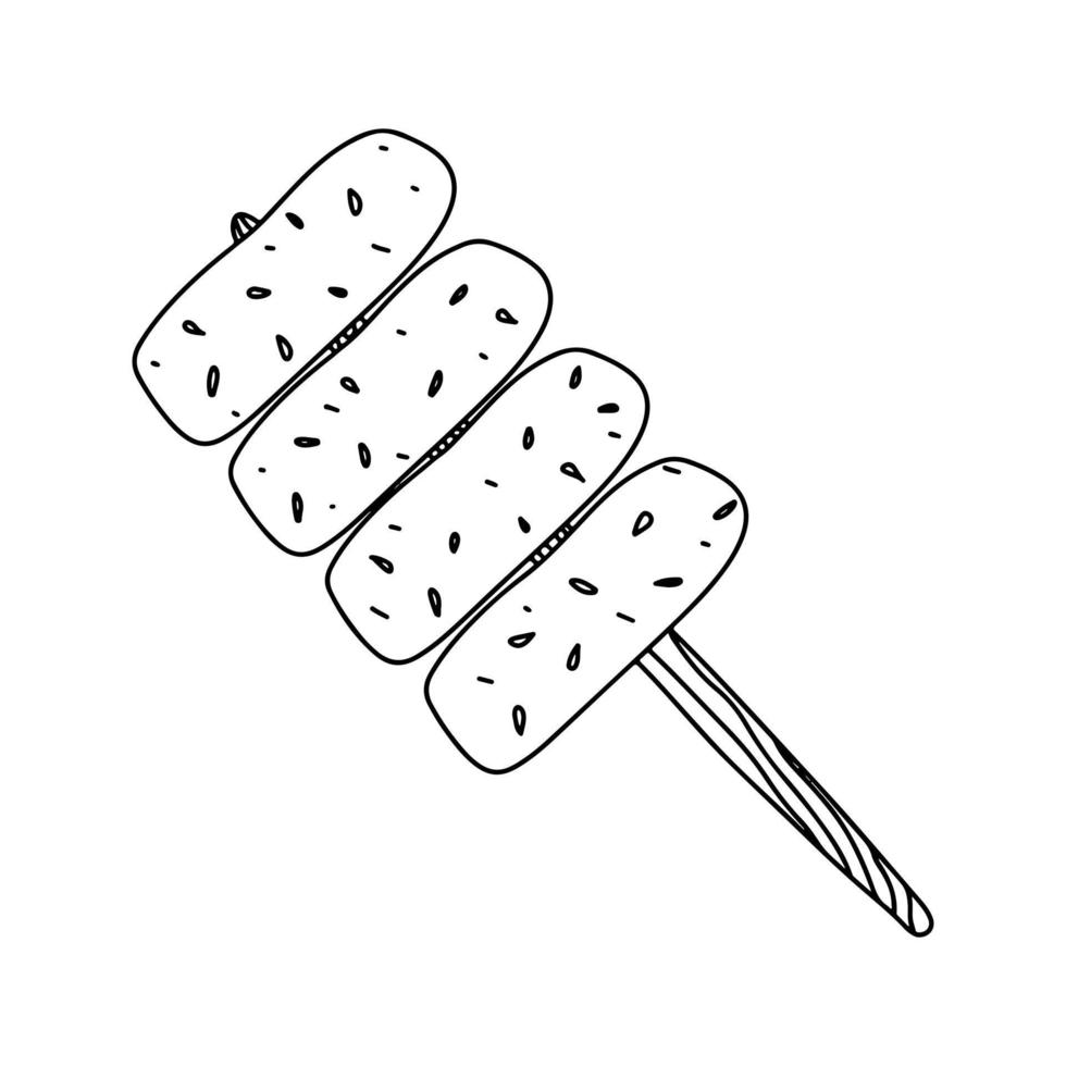 Tteokbokki skewers in hand drawn doodle style. Vector illustration of Korean rice cake skewers vector illustration isolated on white.