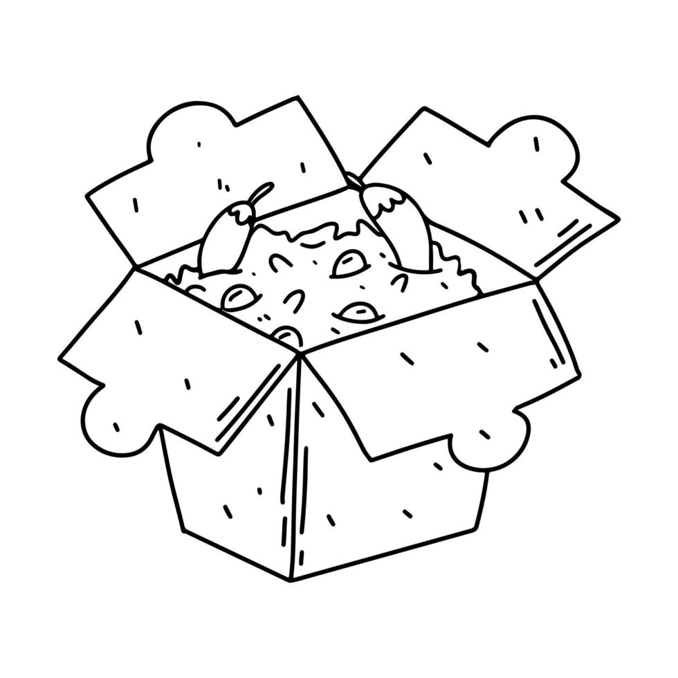 Spicy rice in paper box. Chinese traditional street food. Vector illustration in hand drawn doodle style.