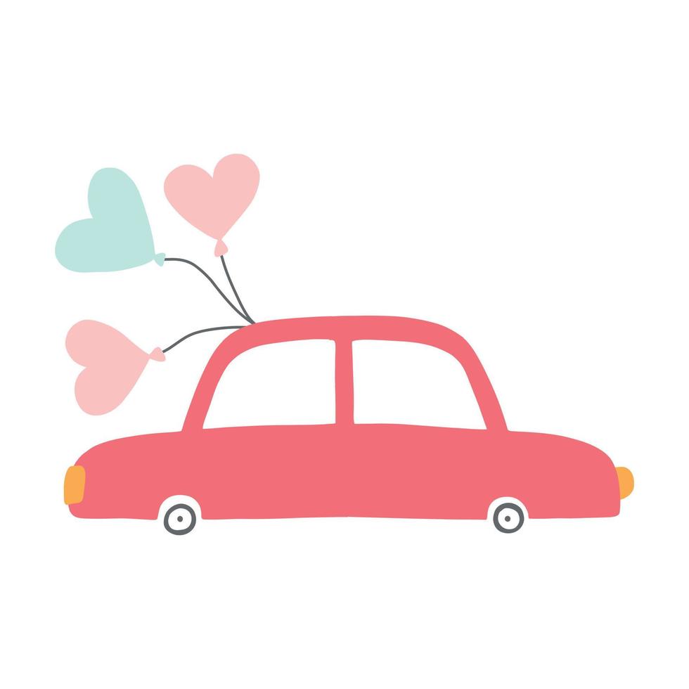 Cute red car with balloons. Valentines Day car. Vector illustration in a flat hand drawn style.